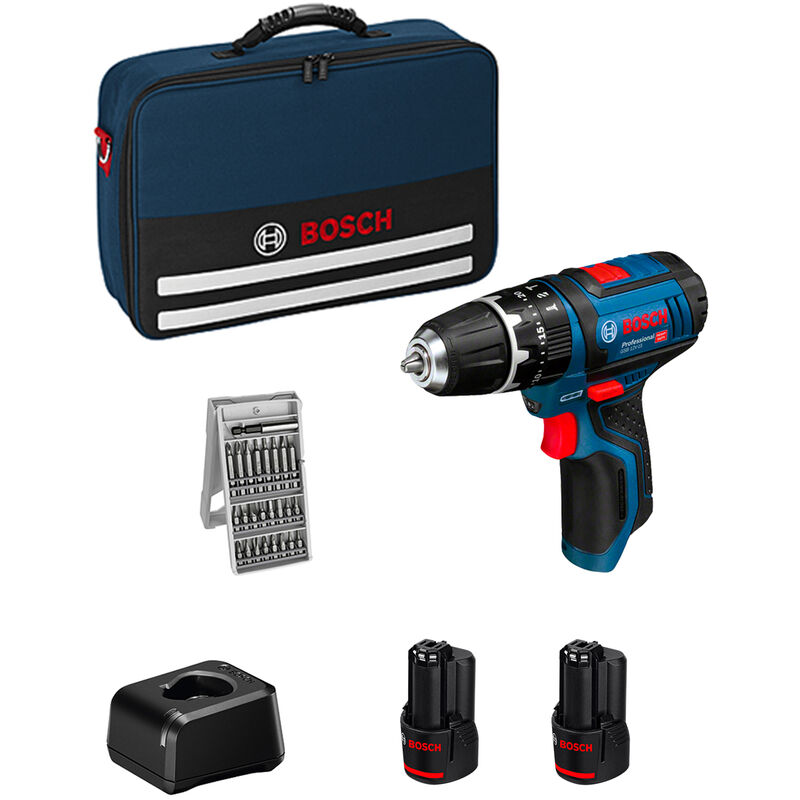 foto del prodotto trapano a percussione 12v bosch gsb 12v 15 2 batterie li ion 2ah caricabatterie valigetta 25 accessori 06019b690k