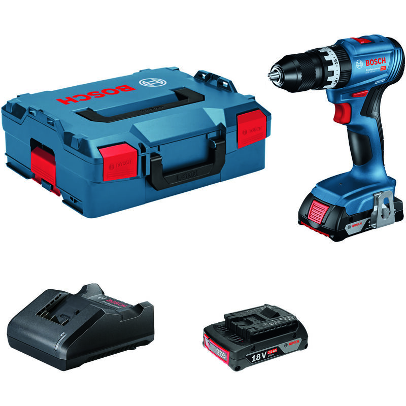 foto del prodotto trapano a percussione a batteria bosch gsb 18v 45 2x 2,0ah caricabatterie in l boxx 136