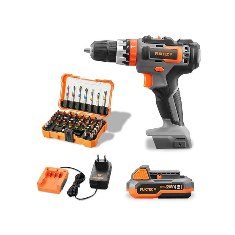 foto del prodotto trapano a percussione a batteria e1sbs20 set incl. batteria caricatore e set di punte fuxtec