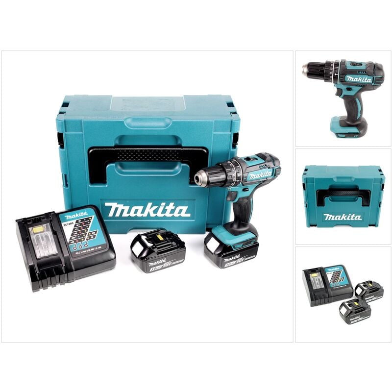 foto del prodotto trapano a percussione a batteria makita dhp 482 rfj 18v 62nm 2x batterie ricaricabili 3.0ah caricabatterie in makpac