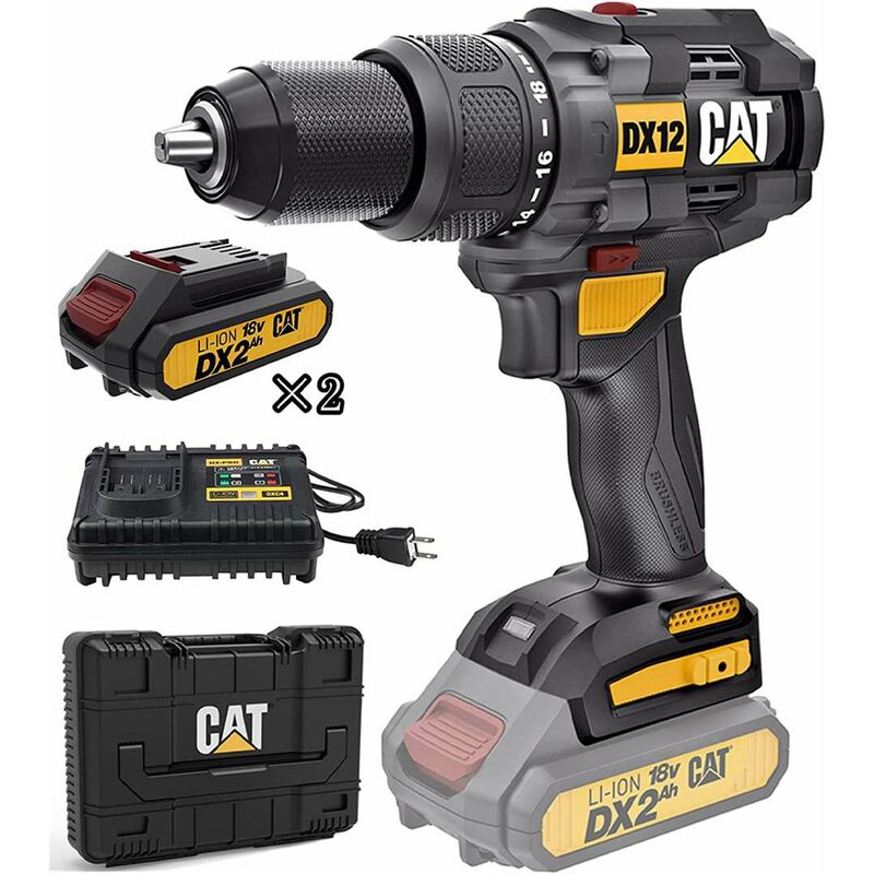 foto del prodotto trapano a percussione cat dx12 senza spazzole da 65 nm, 18 v, 2 x 2,0 ah, gratuito