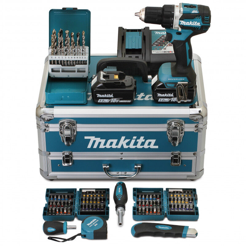 foto del prodotto trapano avvitatore 54nm con 2 batterie da 5 ah, caricabatterie e 96 accessori makita ddf484rtx6