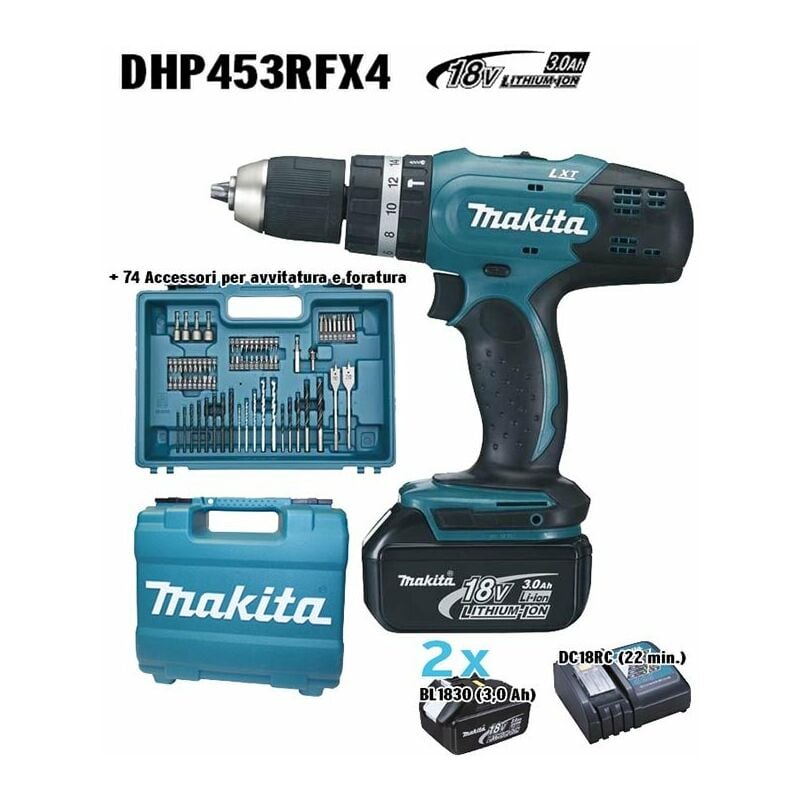 foto del prodotto trapano avvitatore a batteria 1300 giri min 18v 3ah dhp453rfx4 2 batterie