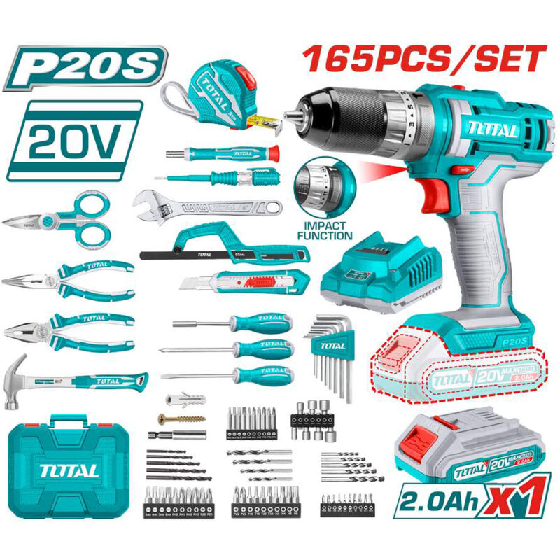 foto del prodotto trapano avvitatore a batteria 20v 45nm batteria 2ah 165 accessori total