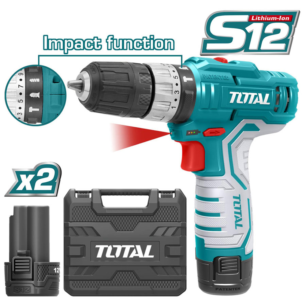 foto del prodotto trapano avvitatore a batteria a percussione 12v 2batterie total tottidli1232e