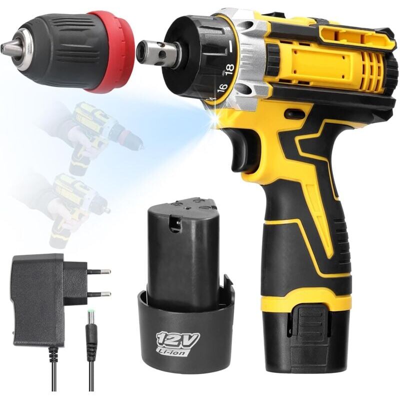foto del prodotto trapano avvitatore a batteria, accessori da 12 v, trapano avvitatore a batteria con luce led, 2 batterie da 1300 mah, 2 velocit 