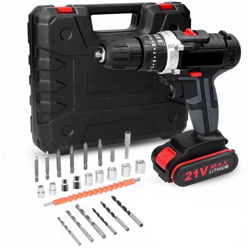 foto del prodotto trapano avvitatore a batteria da 21 v, trapano elettrico a batteria da 45 nm con cassetta degli attrezzi, trapano elettrico a batteria con 2 batterie