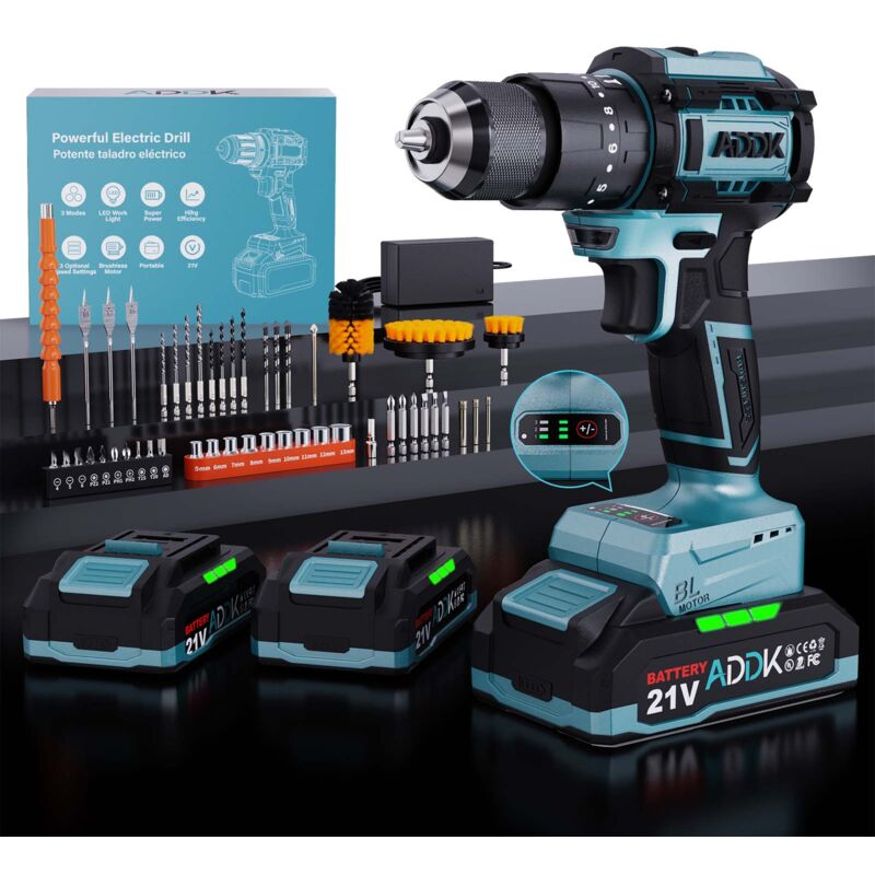 foto del prodotto trapano avvitatore a batteria marca 21 v 2 batterie da 1,5 ah 24 3 velocit 65 nm con led