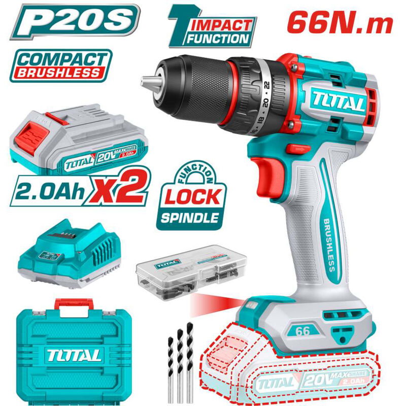 foto del prodotto trapano avvitatore a percussione 2 batterie da 2ah 66nm 47 accessori total