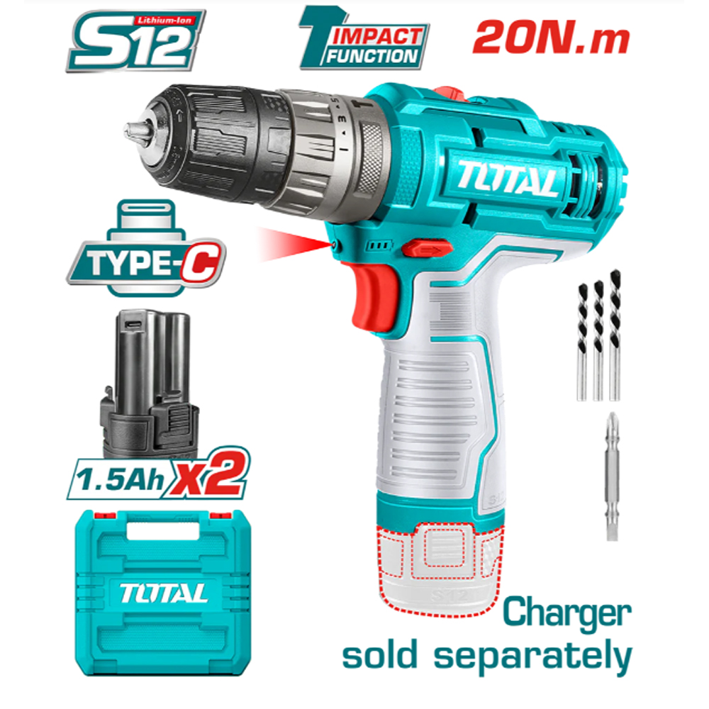 foto del prodotto trapano avvitatore a percussione a batteria 12v 20nm 2 batterie 1,5ah type c total