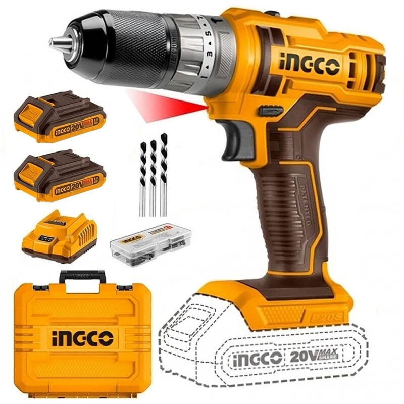 foto del prodotto trapano avvitatore a percussione a batteria 20 v 45 nm con 2 batterie e 47 accessori ingco cidli201452e