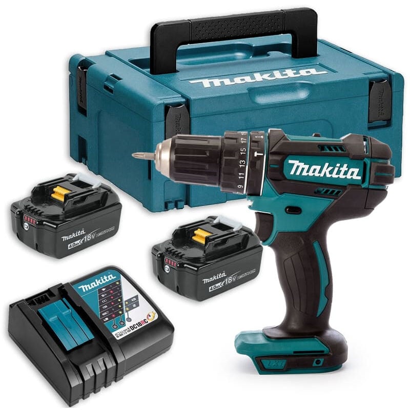 foto del prodotto trapano avvitatore a percussione makita 18v 4.0ah 2 batterie, caricabatterie, custodia dhp482rmj