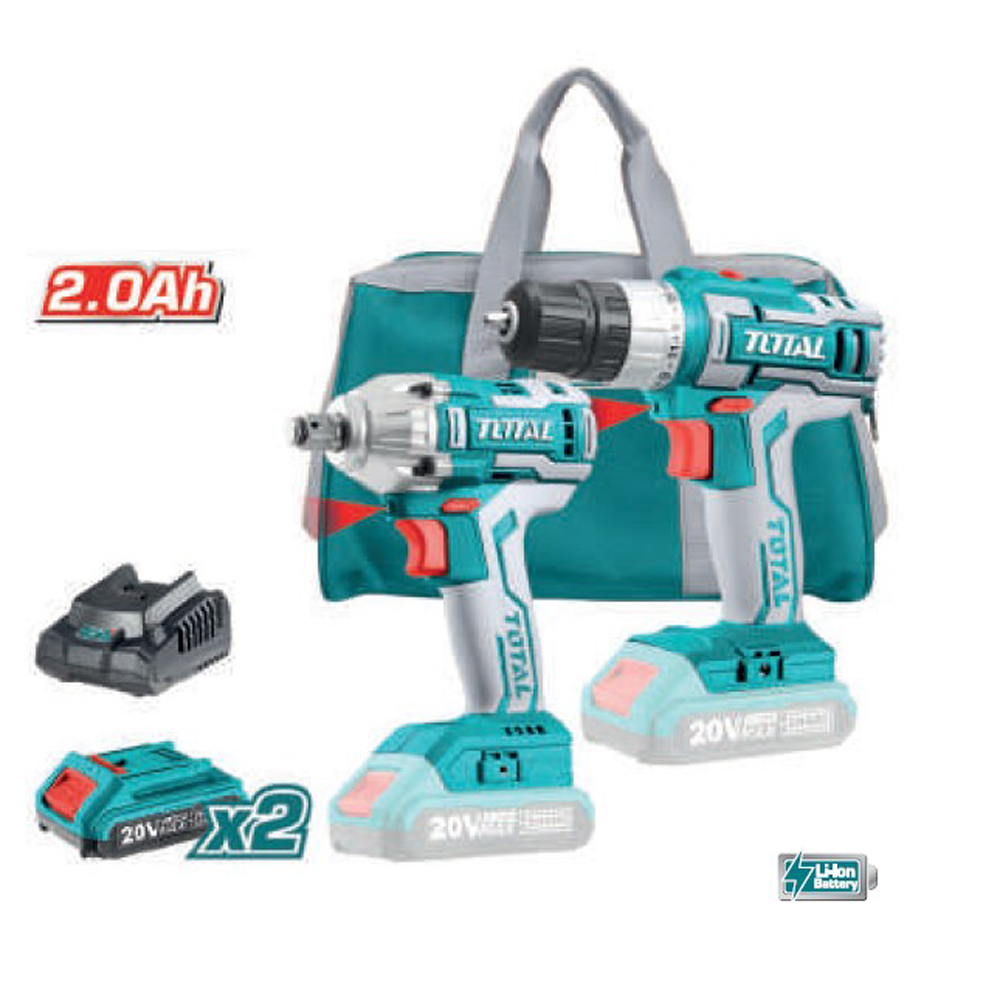 foto del prodotto trapano avvitatore + avvitatore a massa battente 1/2 + 2 batterie litio 20v+accessori total tottckli2007