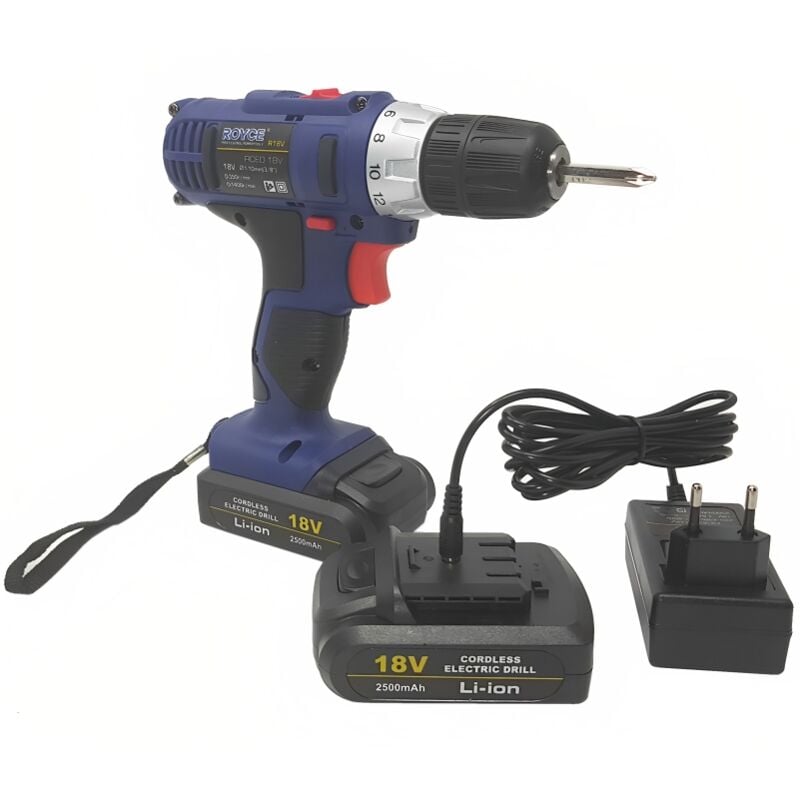 foto del prodotto trapano avvitatore elettrico cordless 2500mah 2 batterie portatile r18v