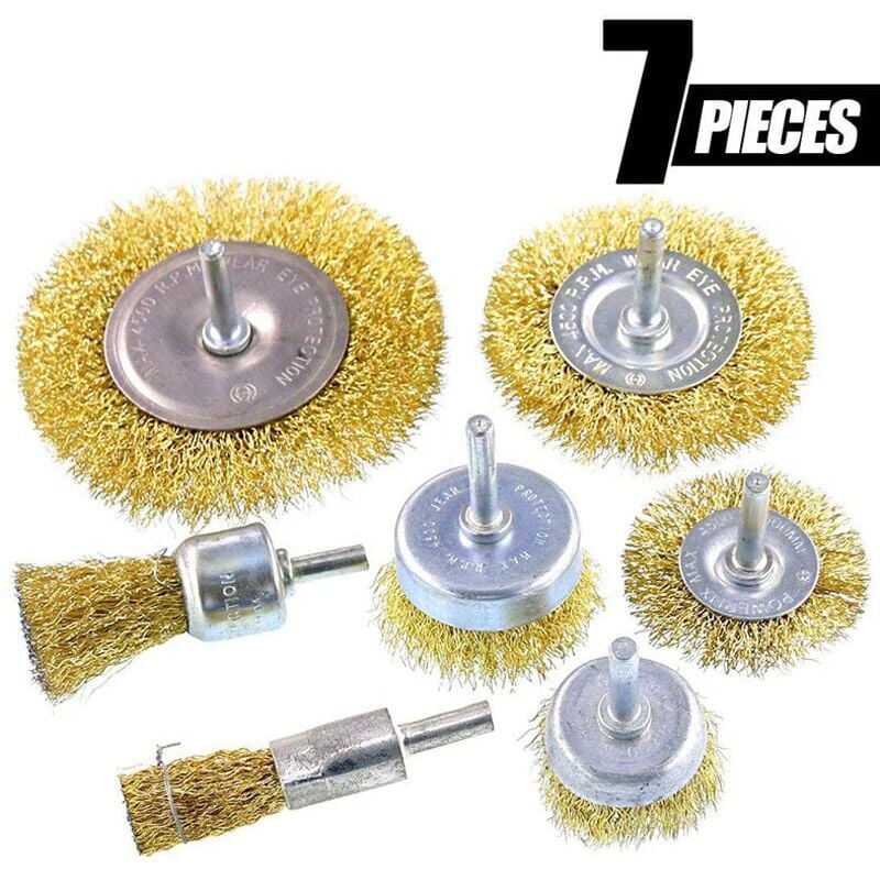 foto del prodotto trapano con 7 spazzole metalliche set trapano con spazzola metallica, ruota in ottone e tazza per spazzola metallica e spazzola, perfetto per
