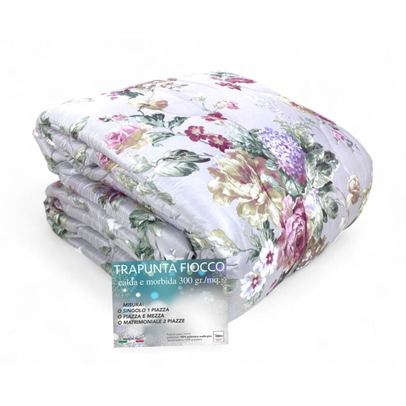 foto del prodotto trapunta fiocco sanderson fiore fondo grigio invernale, piumone caldo 300 gr mq, motivo floreale elegante, made in italy 2 piazze