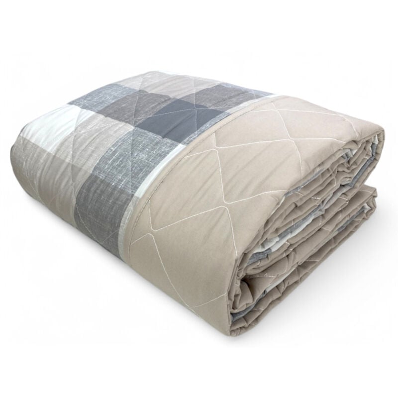 foto del prodotto trapuntino fiocco copriletto trapuntato scozzese beige mezza stagione, microfibra morbida made in italy matrimoniale 2 piazze