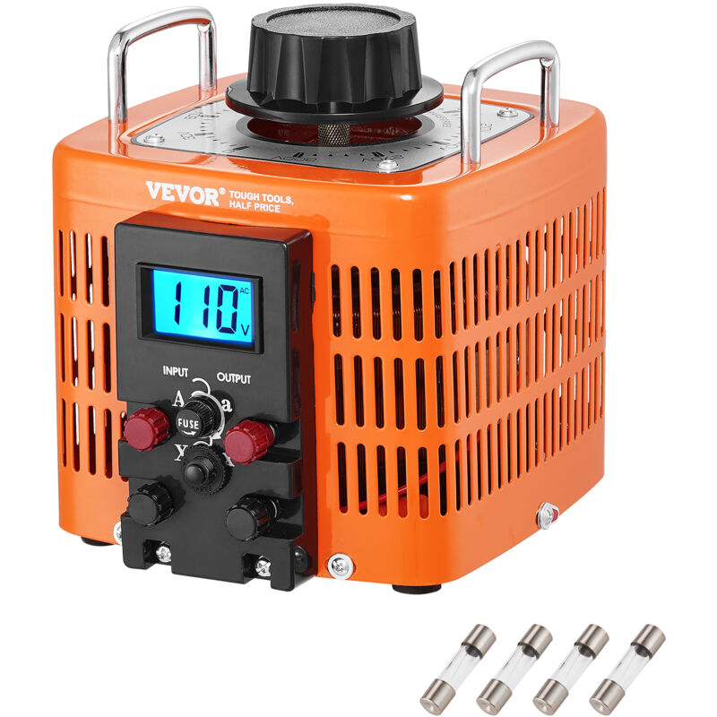 foto del prodotto trasformatore di tensione 2000va, 6,6 amp, regolatore di tensione ca con ingresso 230 v e uscita 0 300 v, con display lcd 4 fusibili per ufficio