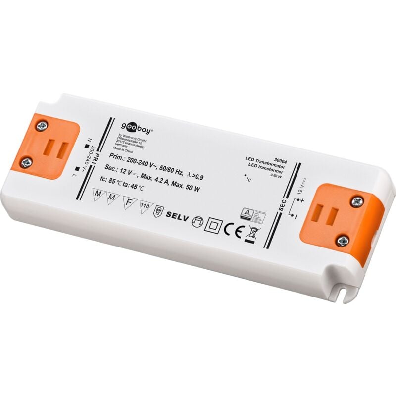 foto del prodotto trasformatore led 12 v dc , 50 w, per led fino a 50 w di carico totale e tensione diretta di 12 v dc .
