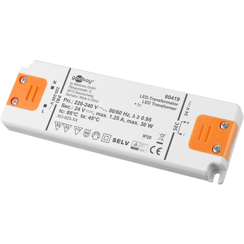 foto del prodotto trasformatore led 24 v dc , 30 w, per led fino a 30 w di carico totale e tensione diretta di 24 v dc .
