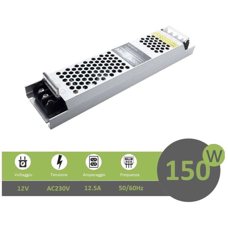 foto del prodotto trasformatore stabilizzato 12v 12.5a 150w slim sottile alimentatore salvaspazio per strip strisce led telecamere