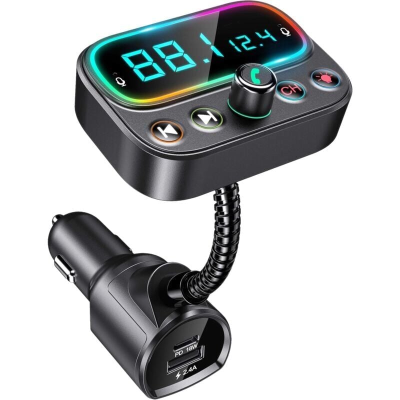 foto del prodotto trasmettitore fm bluetooth con doppio microfono, un tasto per disattivare fm kit vivavoce wireless per auto con 3 porte usb pd18w e qc3.0 ,