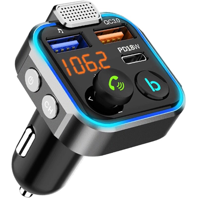 foto del prodotto trasmettitore fm per auto, accendisigari, trasmettitore radio bluetooth 5.3, caricabatterie rapido pd 20w tipo c qc3.0, chiamata in vivavoce,