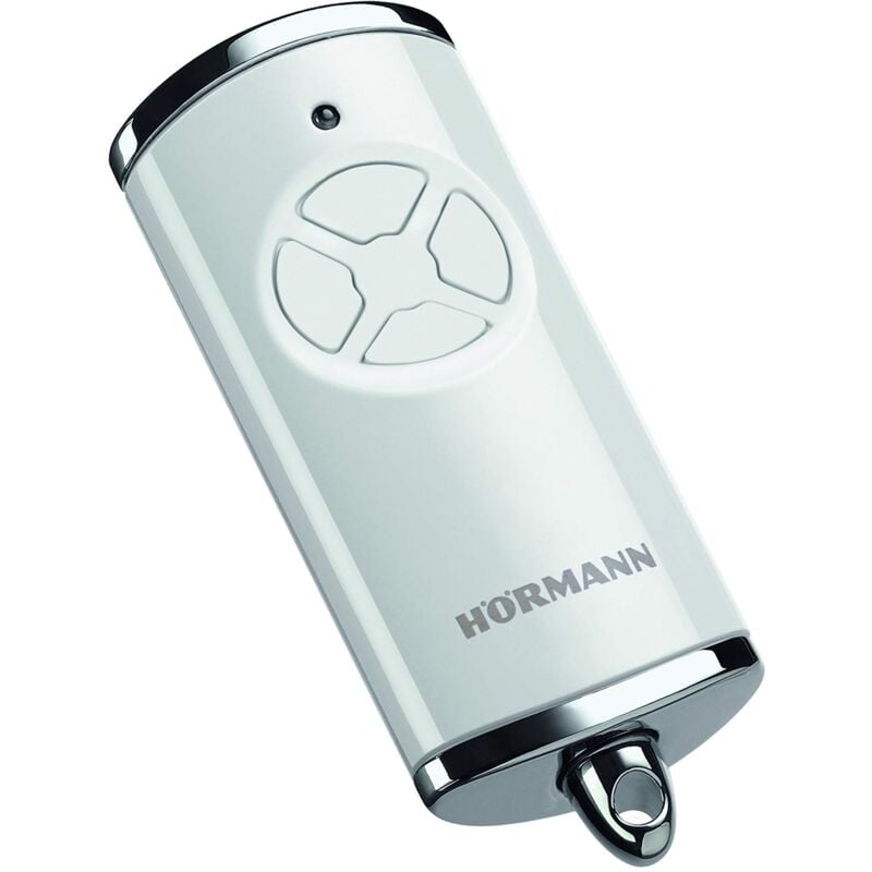 foto del prodotto trasmettitore manuale hse 4 bs frequenza 868 mhz, bianco lucido, azionamento porta garage con tappi cromati, batterie incluse, dimensioni 28 x 70 x