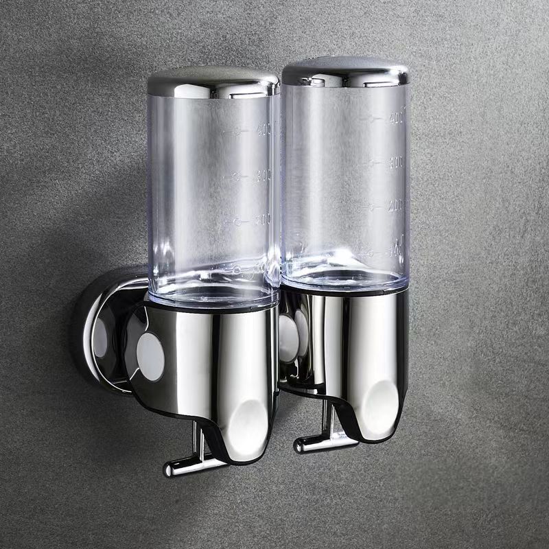 foto del prodotto trasparente 500ml x 2 dispenser di sapone a parete, dispenser di sapone per le mani a doppia testa dispenser di gel doccia shampoo per cucina bagno