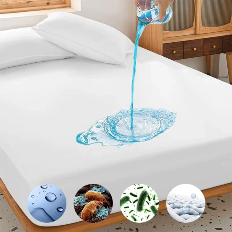 foto del prodotto traspirante e silenzioso, senza vinile, bianco con motivo a goccia blu, tessuto in poliestere lavabile in lavatrice, biancheria da letto impermeabile