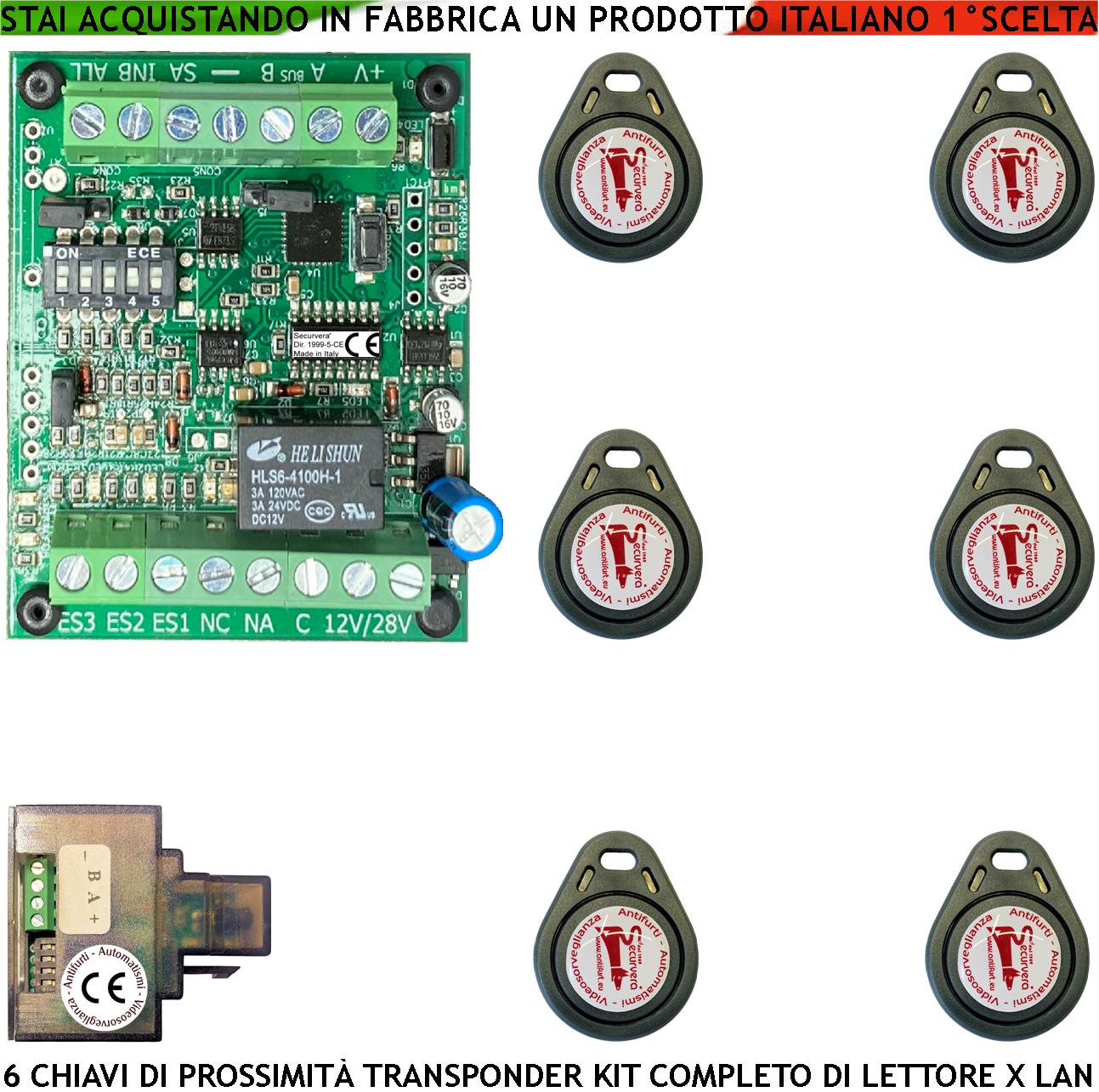 foto del prodotto trasponder chiave di prossimità sei chiavi tag lettore modulo lan universale 501 rj45 alimentazione 12 24 vac relè contatto c.nc.na 2 a a 24 v funzione impulsiva o stabile segnale di stato 4 led grvb