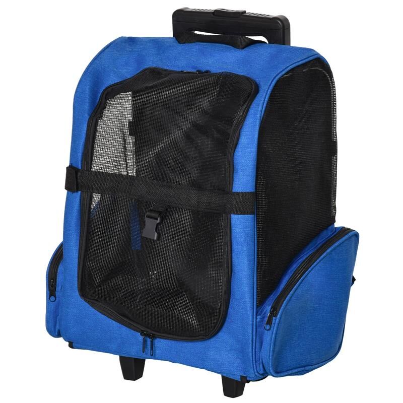 foto del prodotto trasportino zaino 2 in 1 per cani e gatti con tasche e maniglia telescopica. 42x25x55cm. blu