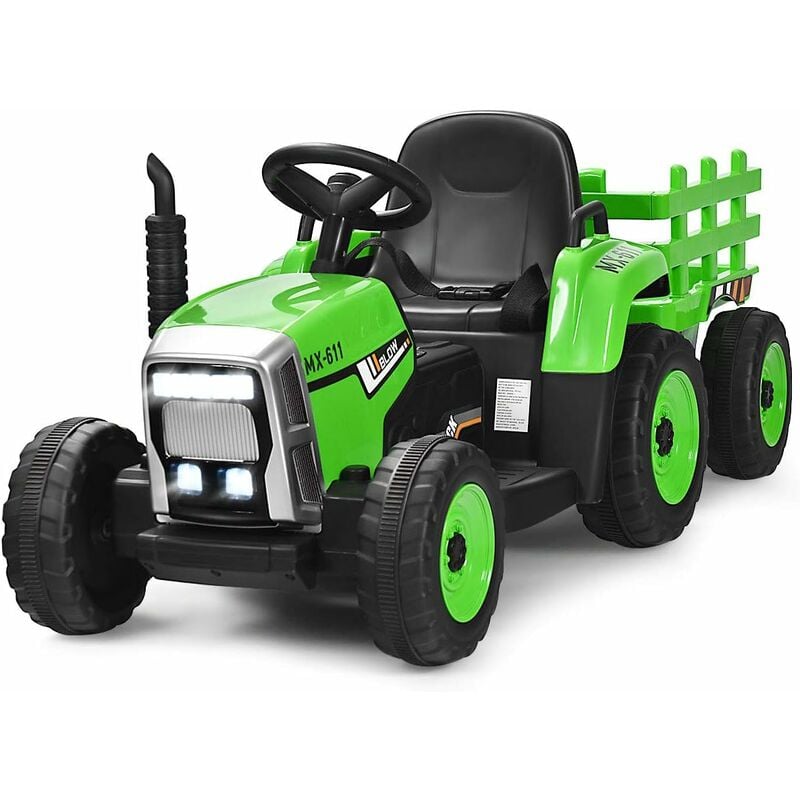foto del prodotto trattore con rimorchio cavalcabile per bambini 12v, trattore elettrico, con luci e suoni, 30kg, 3 anni