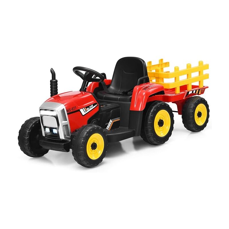 foto del prodotto trattore con rimorchio cavalcabile per bambini 12v, trattore elettrico telecomandato, con luci e suoni, 30kg, 3 anni rosso costway