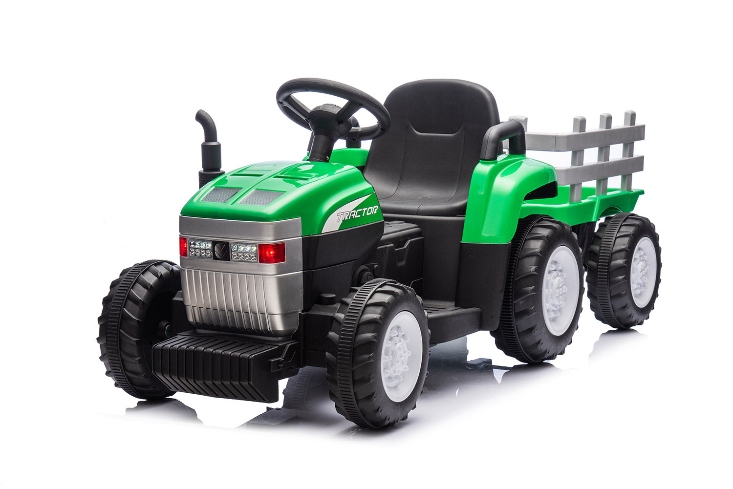 foto del prodotto trattore elettrico per bambini 12v con rimorchio verde