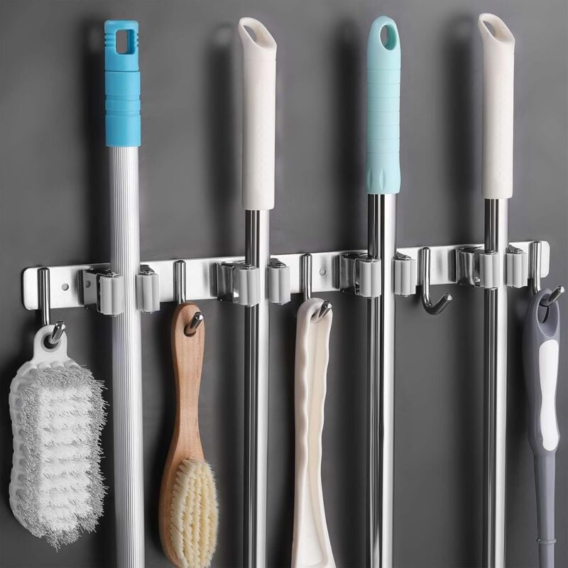 foto del prodotto treetalk porta scopa a parete con 4 fessure e 5 ganci, porta scopa a parete in acciaio inox, porta scopa adesivo a parete per cucina, bagno,