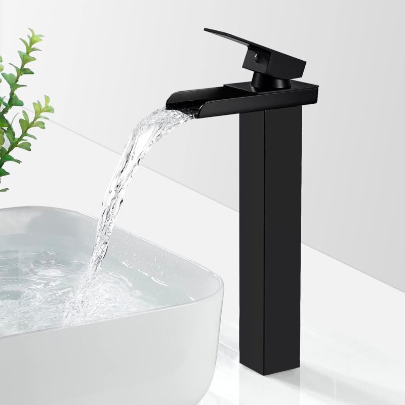 foto del prodotto treetalk rubinetto per bagno a cascata nero opaco, miscelatore per lavabo a cascata alto, rubinetto per lavabo con beccuccio alto, rubinetto per