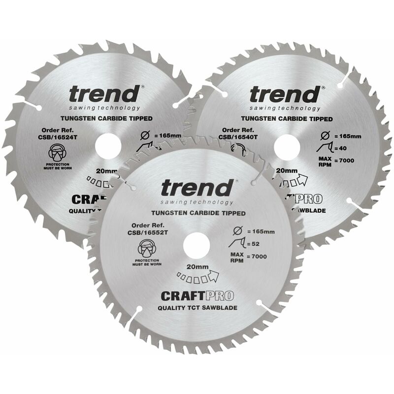 foto del prodotto trend confezione tripla craftpro con lame media e media fine lame per sega finish tct, ideali per seghe circolari dewalt dc390, dwe007, dcs391,