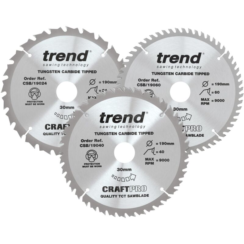 foto del prodotto trend confezione tripla craftpro di lame circolari tct, 190 mm x 24, 40 e 60 denti x 30 mm di foro, con punta in carburo di tungsteno. csb 190 3pk,