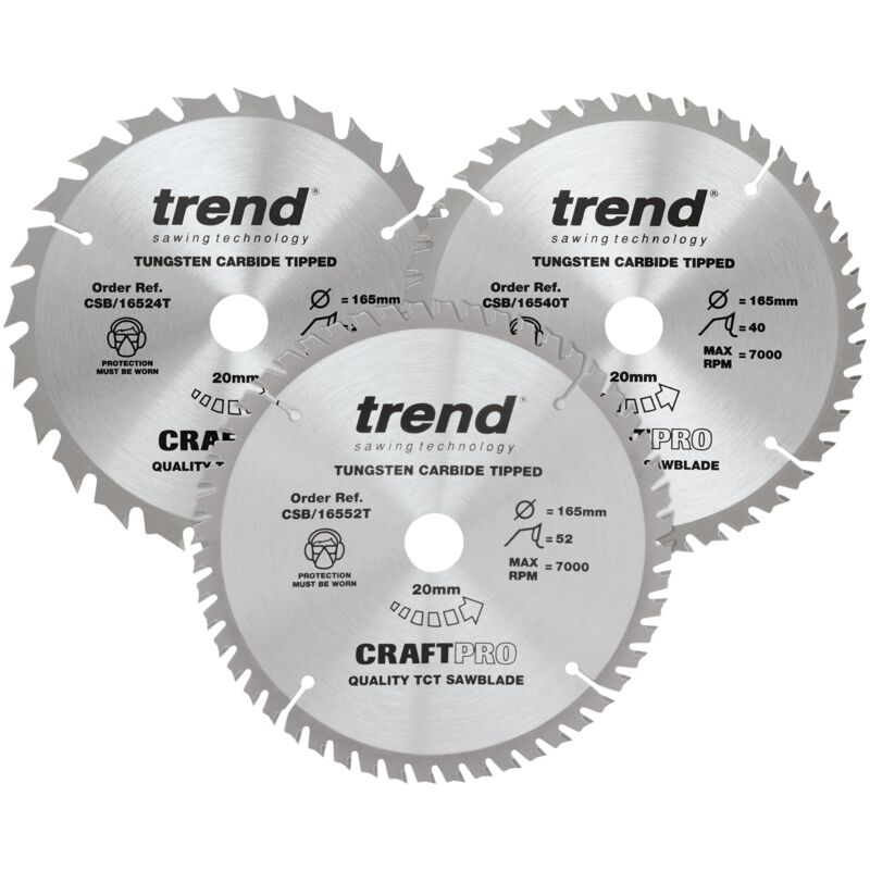 foto del prodotto trend confezione tripla craftpro di lame per sega tct, ideali per seghe circolari dewalt dc390, dwe007, dcs391 e dc391n, 165 mm x 24, 40 e 52 denti