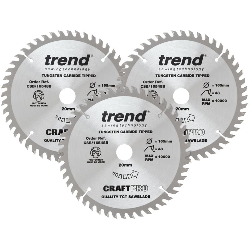 foto del prodotto trend confezione tripla craftpro di lame per sega tct, ideali per seghe circolari dewalt dws520k e makita sp6000, 165 mm x 48 denti x 20 mm