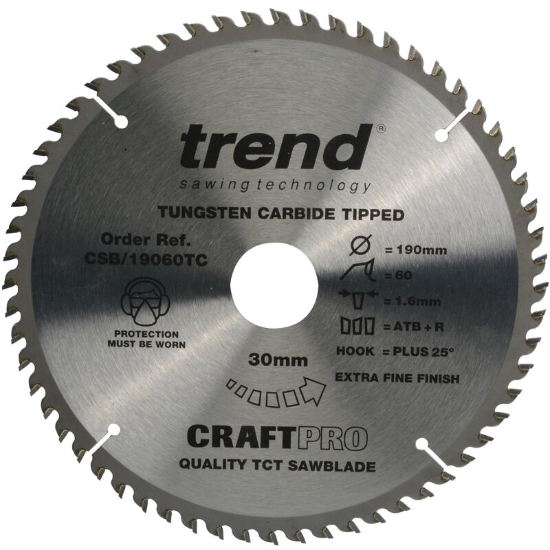 foto del prodotto trend lama per sega circolare craftpro thin kerf tct, diametro 190 mm x 60 denti x foro 30 mm, punta in carburo di tungsteno, csb 19060tc