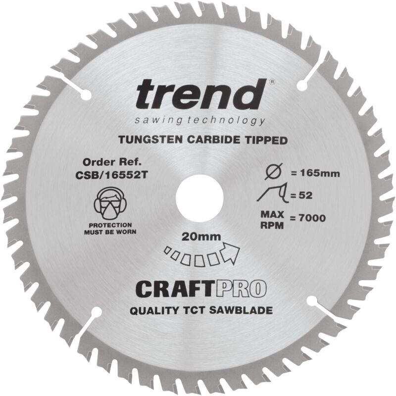 foto del prodotto trend lama per sega craftpro a taglio sottile per sega circolare, diametro 165 mm x 52 denti x foro 20 mm, punta in carburo di tungsteno, csb 16552t