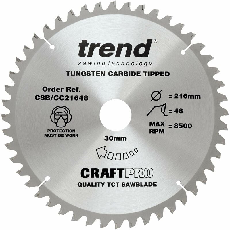 foto del prodotto trend lama per sega craftpro tct a gancio negativo, diametro 216 mm x 48 denti x foro 30 mm, punta in carburo di tungsteno, csb cc21648