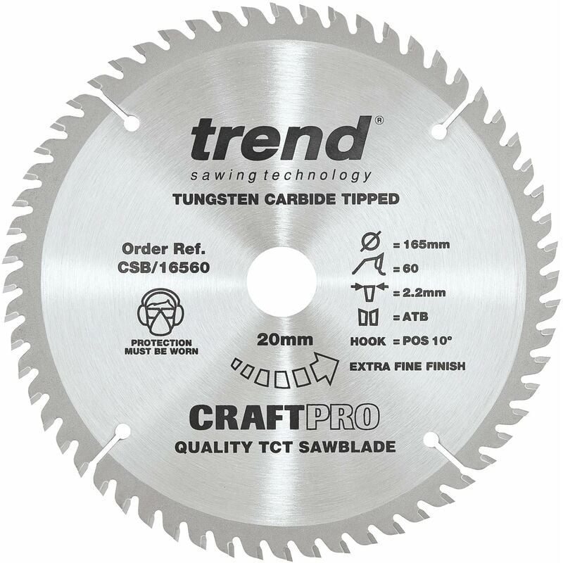 foto del prodotto trend lama per sega craftpro tct, diametro 165 mm x 20 mm alesaggio x 60 denti, punta in carburo di tungsteno,csb 16560