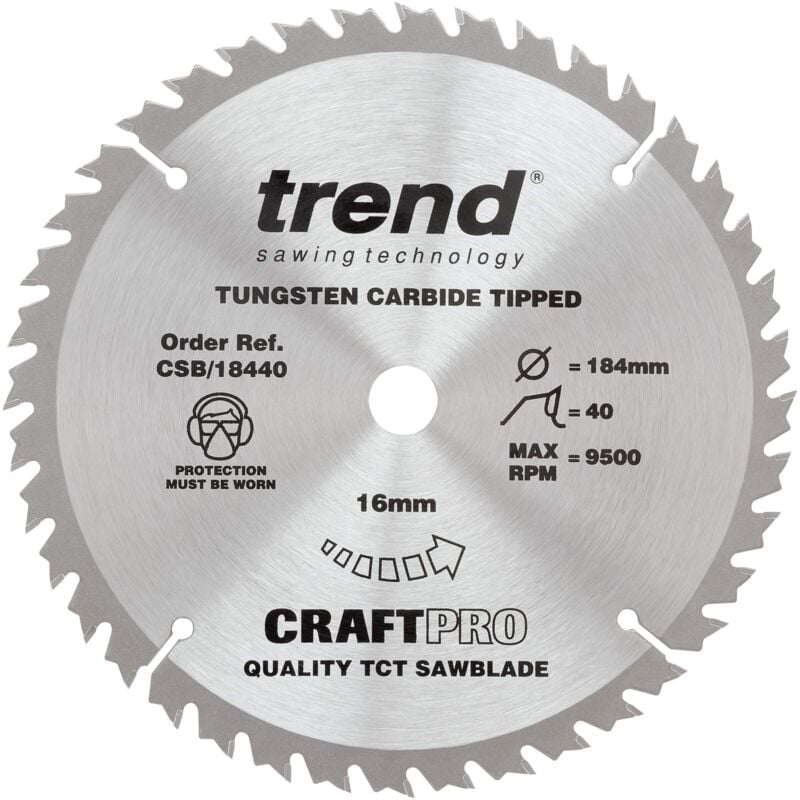 foto del prodotto trend lama per sega craftpro trimming crosscut tct, 184 mm x 40 denti x 16 mm alesaggio, punta in carburo di tungsteno, csb 18440