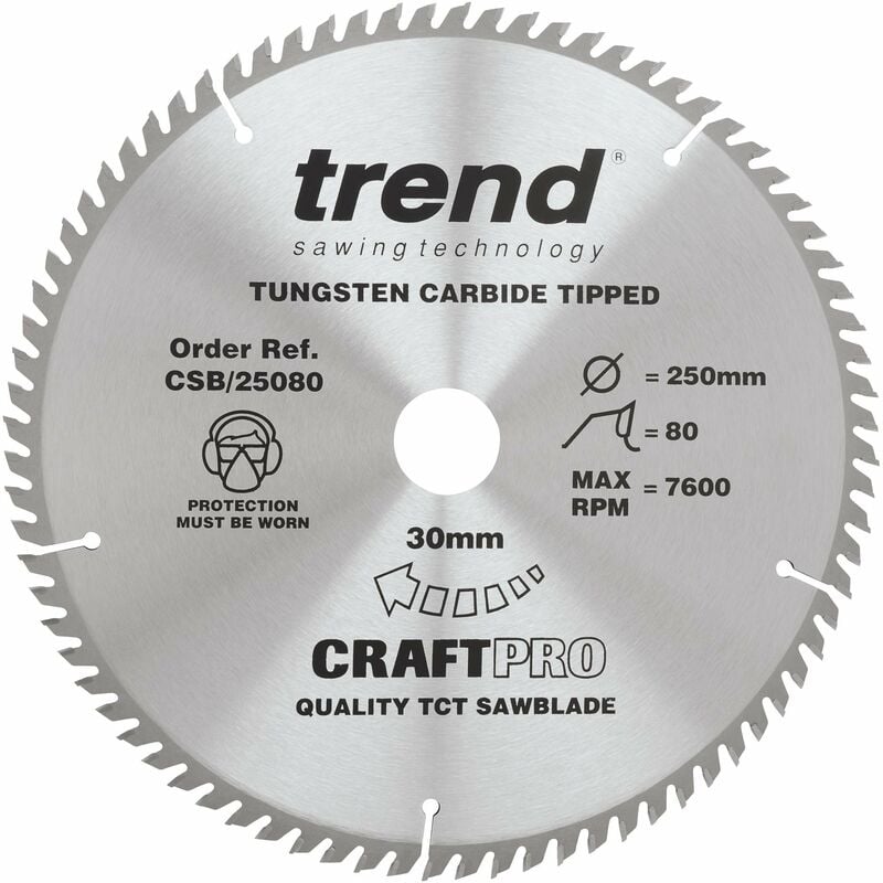 foto del prodotto trend lama per sega di finitura craftpro tct con rifinitura fine per sega circolare da banco, diametro 250 mm x 80 denti x 30 foro, punta in