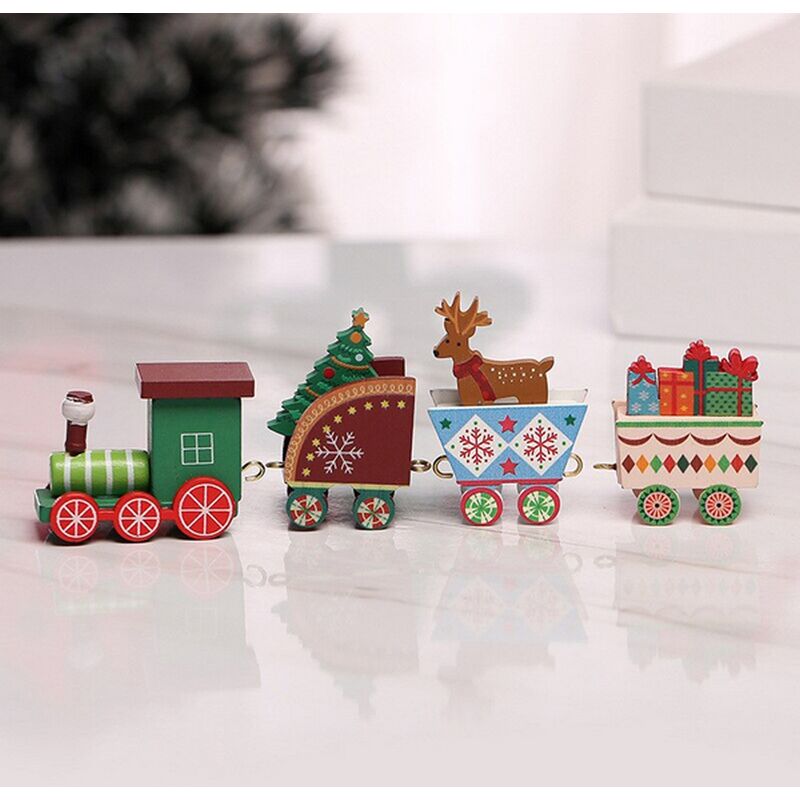 foto del prodotto trenino decorativo in legno con 3 carrelli di colore verde e marrone wisdom