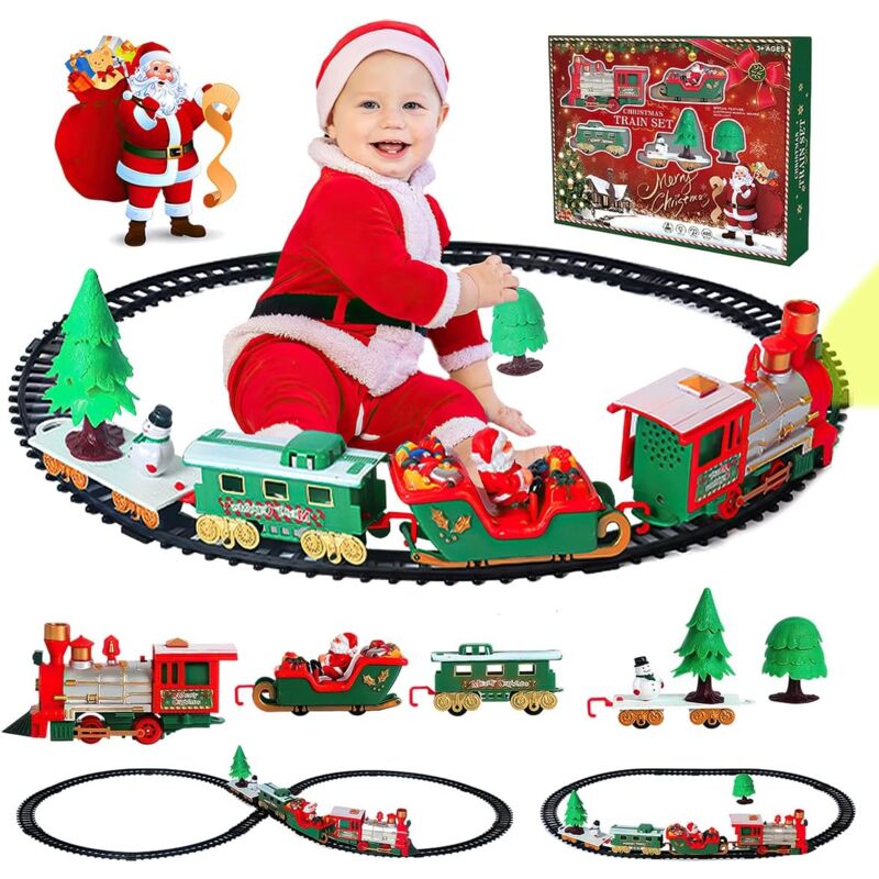 foto del prodotto trenino natalizio sotto albero 22 pezzi locomotiva luci suoni slitta babbo natale