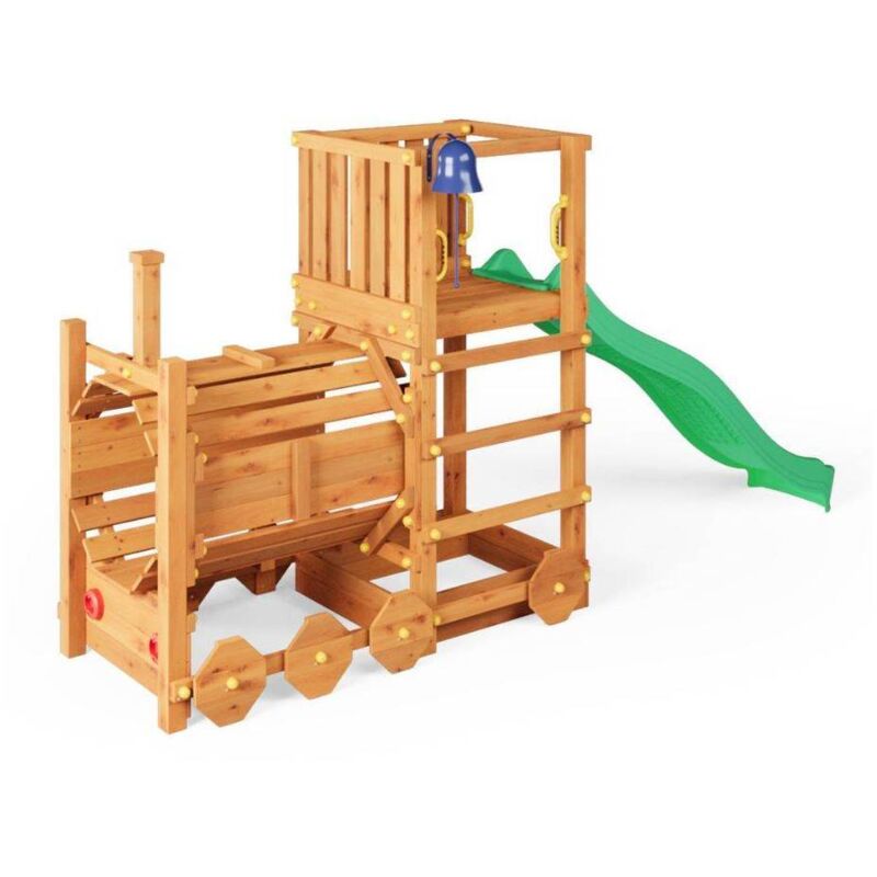 foto del prodotto trenino parco giochi in legno fungoo loco con scivolo colore teak